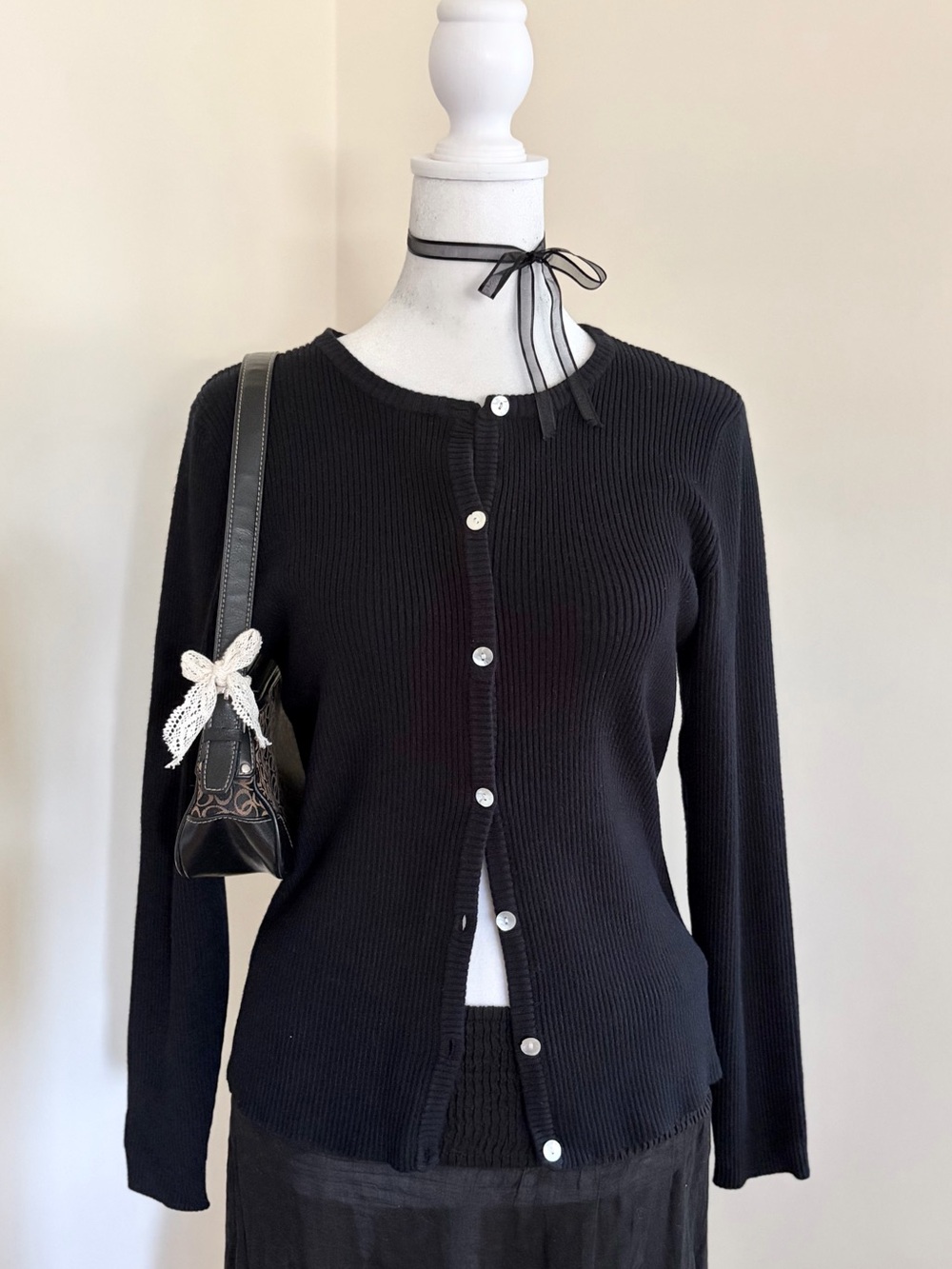 Vintage 90s Y2K silk black ribbed cardigan button fitted sweater Eddie Bauer S/M